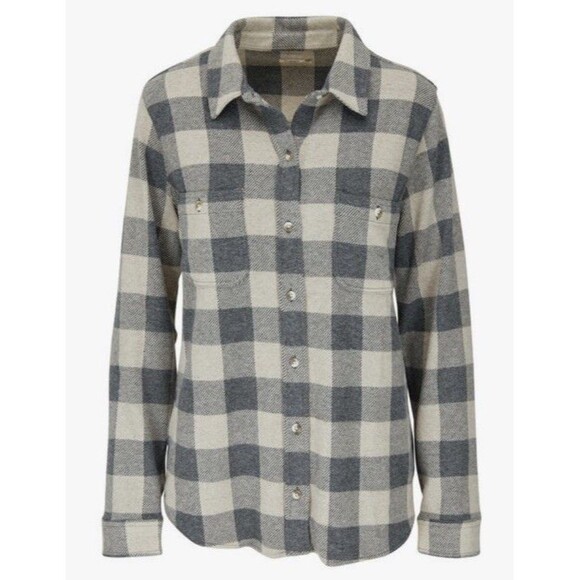 Faherty Legend Sweater Shirt Tan Charcoal Buffalo Check Button Up Women's LARGE - Picture 1 of 13